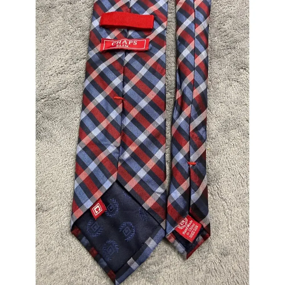 Chaps Slim Silk Necktie Mens Red Navy Blue Plaid Check Hand Made Accessory